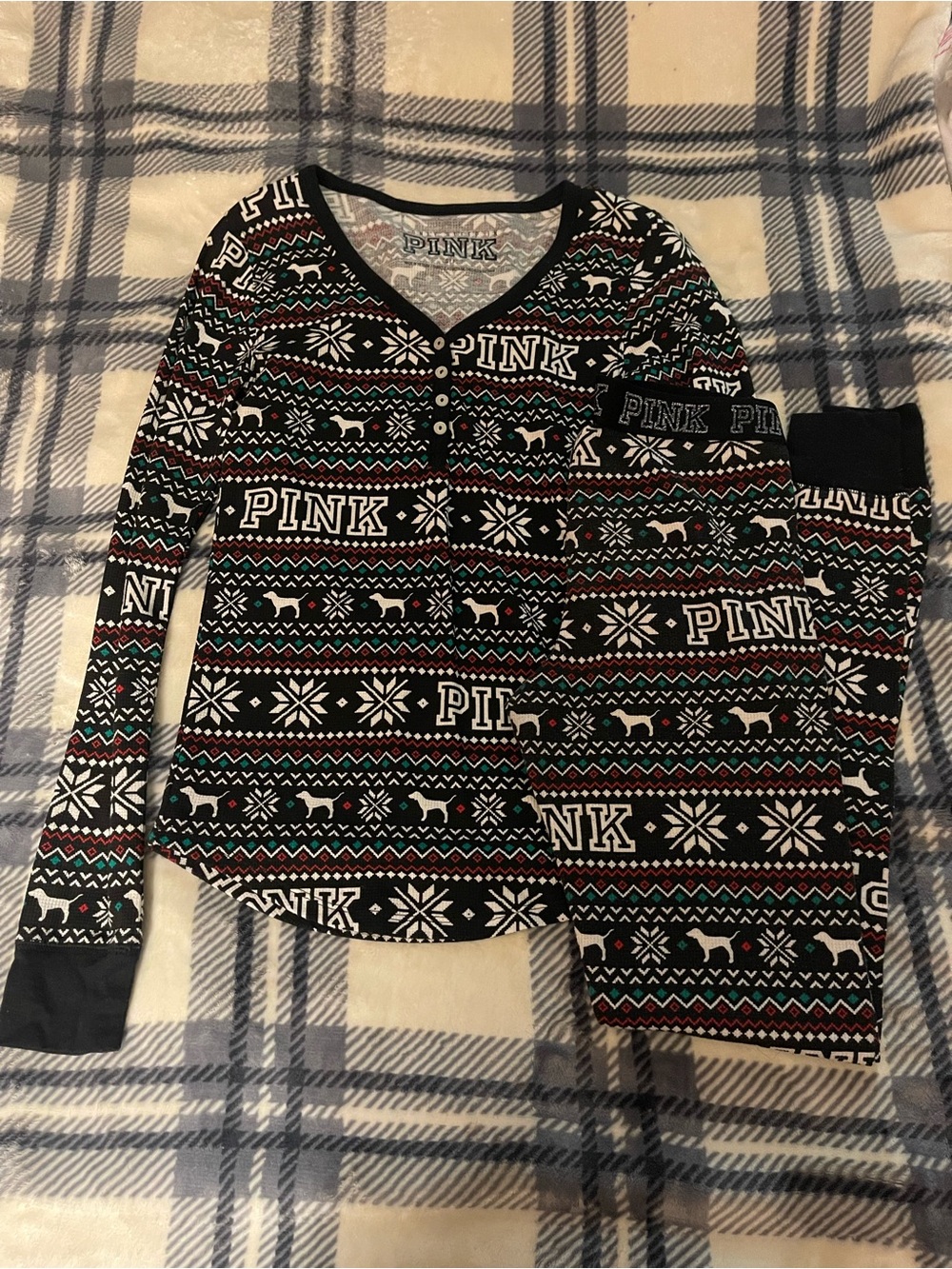 Set of PINK Holiday Fair Isle Button Pajama Set - Black, White & Red Accents